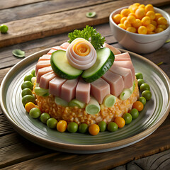 Colorful rice dish with ham and cucumber flower.