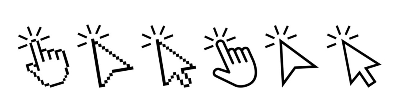 Pixel cursor or computer mouse pointer icons set. Pixel hand, pointer hand, arrow logo vector isolated icons set. 