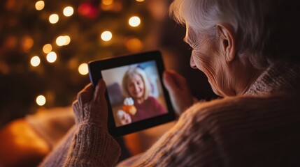 Elderly woman video calling family on christmas eve using tablet