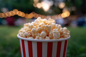 Bucket overflowing with popcorn at outdoor movie night. Classic snack, entertainment, summer fun, backyard cinema.