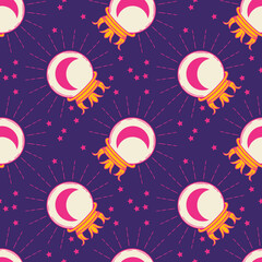 Fototapeta premium Crystal Ball and Moon Seamless Pattern – Mystical Vector with Stars