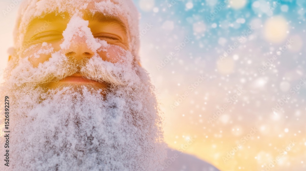 Poster man with snowy beard enjoys a winter day in a snowy landscape