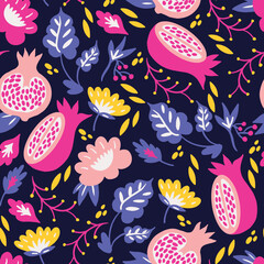 Pomegranate Floral Seamless Pattern – Bright Fruit and Foliage Vector