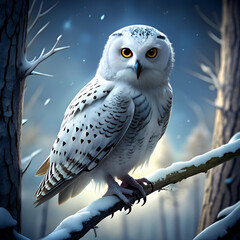 Majestic snowy owl perched on branch.