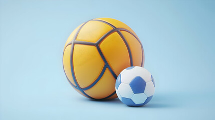 Yellow Basketball and Small Blue Soccer Ball on Light Blue Background