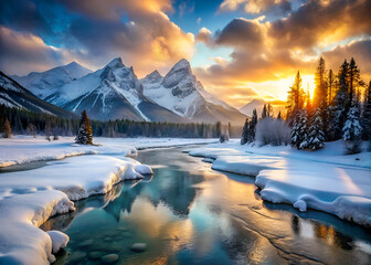 Winter Sunrise over Snowy Mountains