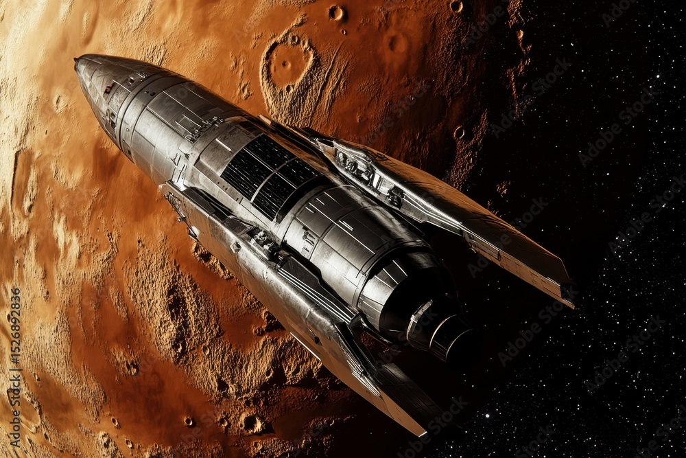 Poster spaceship explores the orbit of a distant planet in deep space, a spaceship flying in space orbiting