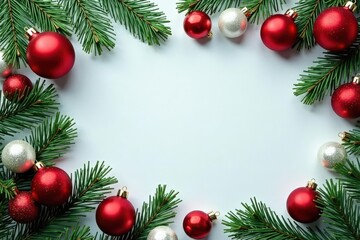 Elegant Xmas frame of classic red & green ornaments with white accents and winter branches , merry christmas, design, candy cane