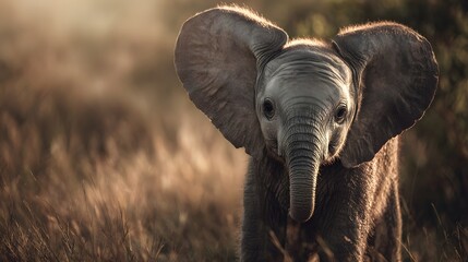 Realistic Baby Elephant in Golden Savanna Light, Detailed Wildlife Photo with Natural Skin Textures and Glowing Ears