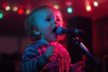 Cute toddler sings excitedly during first karaoke experience at home party celebration, Cute toddler trying karaoke for the first time cinematic real life footage
