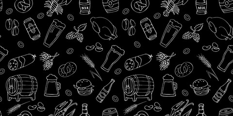 Seamless pattern with beer mugs and snacks, Single color hand drawn outline illustration.
