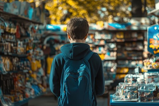Young customer explores vibrant store filled with various items in the park during a sunny afternoon, Young customer at a store in a park