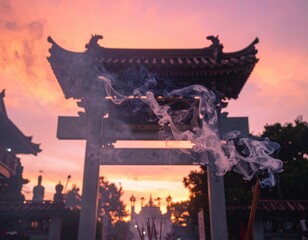 Obon Incense Smoke Serene Sunset Over Traditional Asian Temple with Incense Smoke