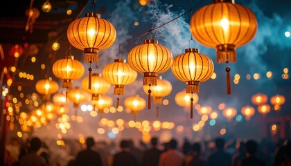 Obon Incense Smoke Glowing Lanterns Illuminating Night Festival with People Below