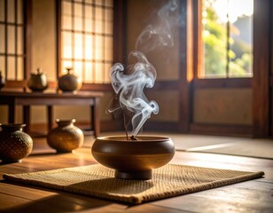 Obon Incense Smoke Serene Indoor Scene with Incense Smoke and Traditional Decor