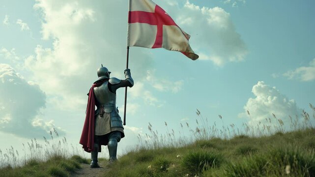 Medieval knight in armor holding English flag on hilltop. Historic warrior with St George's cross banner against cloudy sky. Perfect for heritage and historical content.