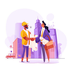 Construction Deal Handshake: An illustration captures a decisive handshake between a builder and a property developer, solidifying a promising business deal against a backdrop of urban architecture.