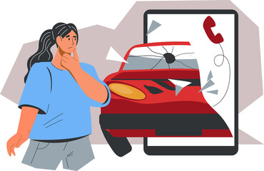 Online service of roadside assistance for emergency car repair and towing banner or emblem. Owner in front of crashed car.