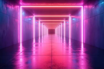 Neon pink light tunnel, abstract background. Concept of virtual reality space. 