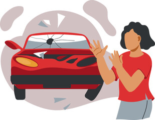 Car accident with broken car and confused woman for car repair service banner or insurance company label design.