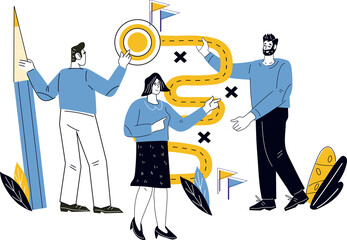 Business people make strategic business decisions, involve teamwork and choose direction. Business team navigate business strategy and decision-making process effectively.