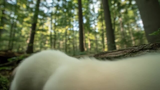 White ermine explores a sun dappled forest floor surrounded by towering trees Natural beauty and wildlife coexist peacefully in the