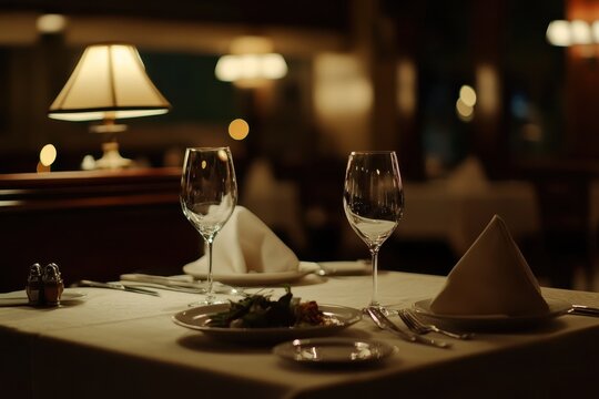 Elegant table setting with glassware and dishes in a hotel restaurant at night, Served table with dishes in a hotel restaurant, slow motion