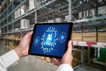 AI ethics responsibility standard law and rules on computer screen provide report of AI ethic...
