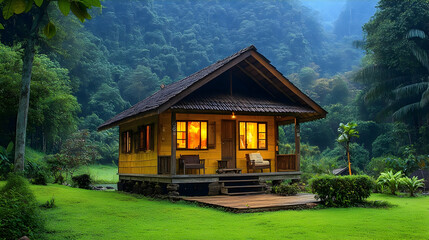 Fototapeta premium Yellow Wooden Cabin in Lush Green Forest at Night
