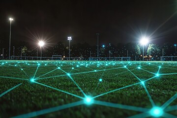 Glowing network of connections illuminating a sports field at night, glowing network of connections over sports field on black background