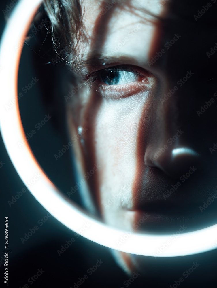 Poster glowing ring light reflected in photographers eye creates captivating visual experience in minimalis