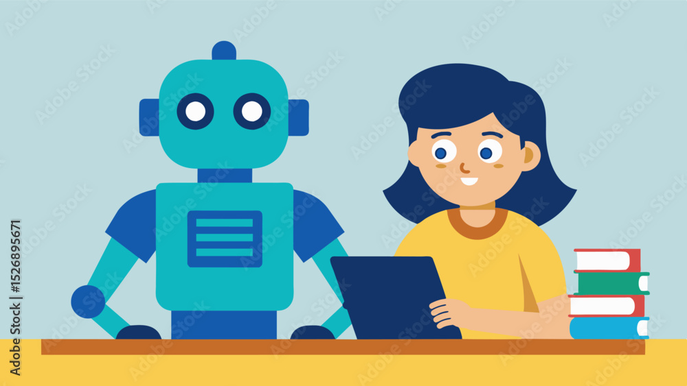 Poster a young student studying for exams with a robot companion that helps quiz them on their material and