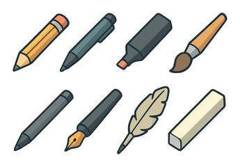 Writing tools icons set – outline stationery, pen and pencil collection