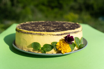 Poppy seed cake decorated with edible flowers on a green table background