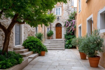 Fototapeta premium Charming courtyard with potted plants and blooming bougainvillea in historic european town