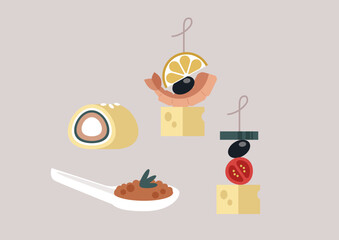 A visually striking display features five exquisite cocktail food options, showcasing vibrant flavors and creative presentations, perfect for parties or casual get-togethers