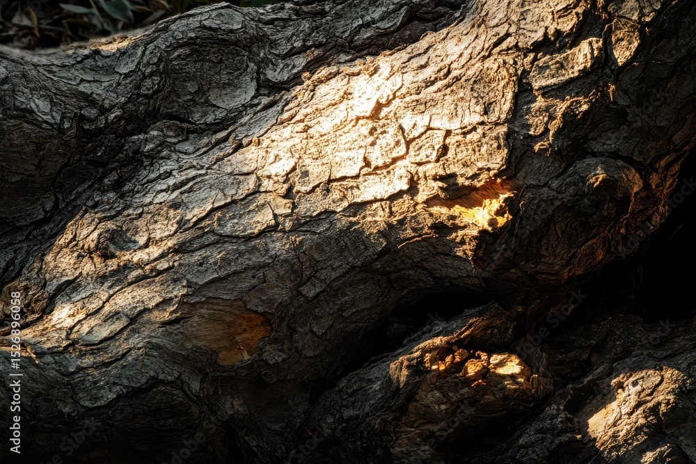 Poster sunlight filtering through branches illuminates a textured tree trunk in a serene outdoor setting, t