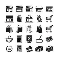 Editable Shopping and Retail Icon Collection – Solid Black Glyph Symbols of Retail Store, Basket, POS System, Customer Purchase, and Business Operations