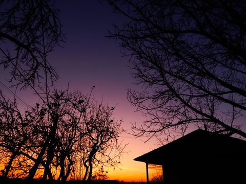 A dramatic dawn sky showcases a vibrant gradient from deep purple to fiery orange, silhouetting bare trees and a dark house against the rising light.