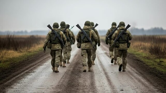 A group of soldiers in camouflage uniforms march down a dirt road, carrying rifles, in a rural landscape