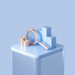 Magnifyer with money and chart 3d rendering illustration. Fintech concept design.