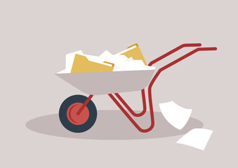A wheelbarrow overflowing with assorted office documents, symbolizing a cheerful yet chaotic flood of paperwork, Files and papers spill out in every direction, hinting at unfinished tasks and projects