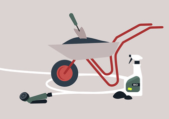 A colorful wheelbarrow sits ready for planting, filled with rich soil alongside a shovel and eco-friendly spray, highlighting a joyful gardening experience in a sunlit garden
