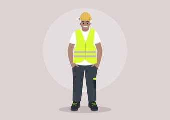 A senior engineer is dressed in a bright safety vest and hard hat, exuding confidence and expertise