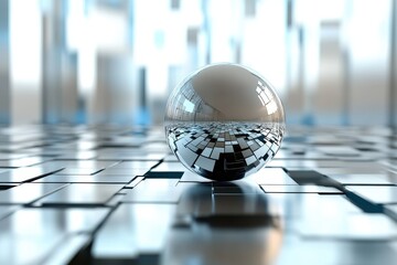 Globe resting on reflective surface with geometric shapes and data patterns, shapes and globe over data processing