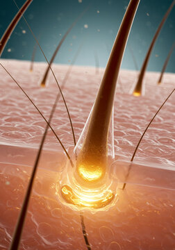 Microscopic Hair Follicle Detail Showing Hair Growth and Root Structure in Human Skin