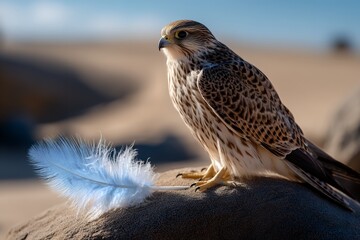 Majestic falcon resting on desert rock with delicate feather in foreground
