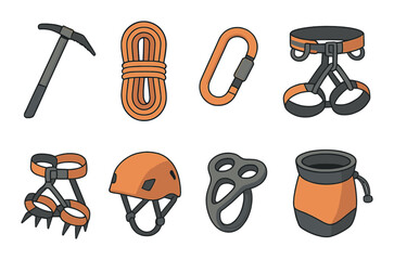 Climbing equipment icons set – flat, mountaineering and outdoor adventure graphics