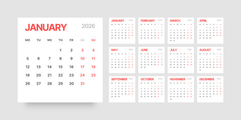Monthly calendar layout for 2026 year. Planner Square diary for 2026 year. Week Starts on Monday. 