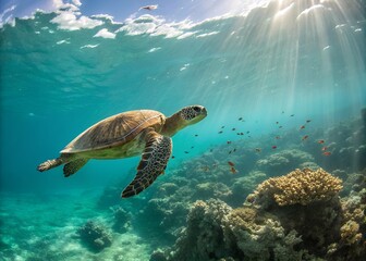 Sea Turtle Gliding Over a Coral Reef in Clear Tropical Waters

